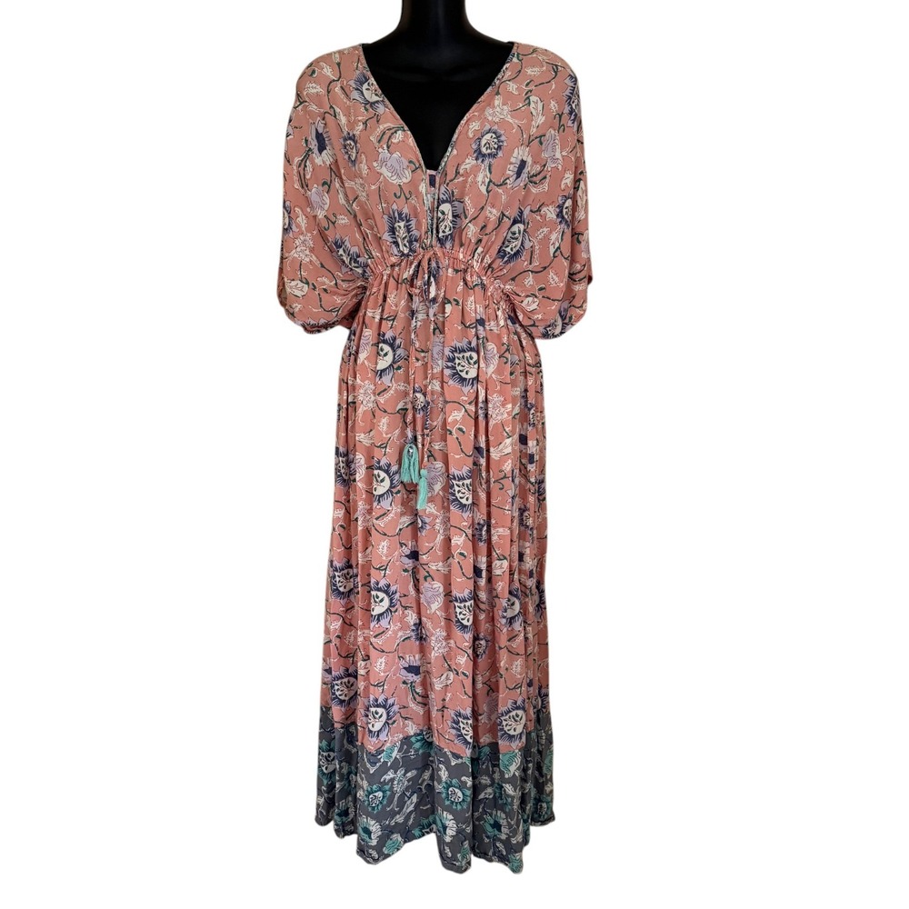 World Market Kaftan‎ Maxi Dress Sz S/M Boho Floral Tassel Cottage Resort Coastal